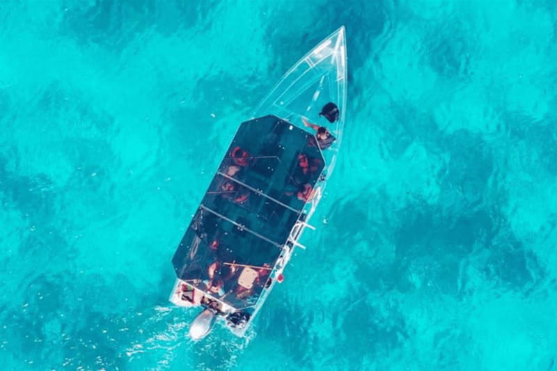 Explore the sea of cozumel in a transprent boat with drinks and snorkel. - Transparent boat: what makes the views different